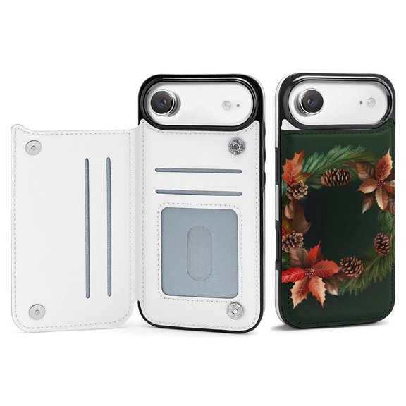 Wallet Case For Apple iPhone Air / 17 Pro / 17 Pro Max Series with Card Holder, PU Leather Kickstand Card Slots Screen Protector Included For iPhone 17 Series, Leaves, Pinecone And Poinsettia.
