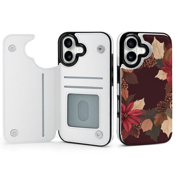 Wallet Case For Apple iPhone Air / 17 Pro / 17 Pro Max Series with Card Holder, PU Leather Kickstand Card Slots Screen Protector Included For iPhone 17 Series, Leaves, Pinecone And Poinsettia.
