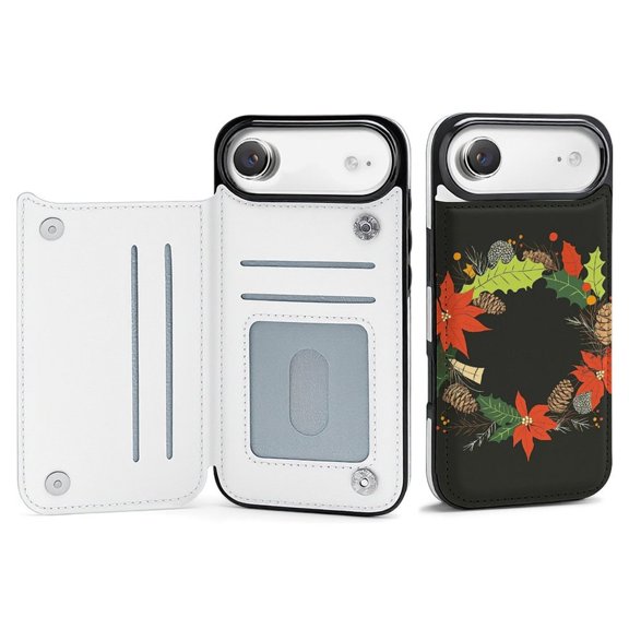 Wallet Case For Apple iPhone Air / 17 Pro / 17 Pro Max Series with Card Holder, PU Leather Kickstand Card Slots Screen Protector Included For iPhone 17 Series, Leaves, Pinecone And Poinsettia.