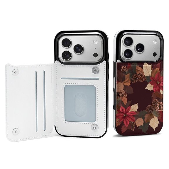 Wallet Case For Apple iPhone Air / 17 Pro / 17 Pro Max Series with Card Holder, PU Leather Kickstand Card Slots Screen Protector Included For iPhone 17 Series, Leaves, Pinecone And Poinsettia.