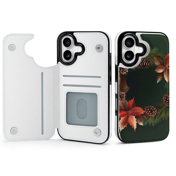 Wallet Case For Apple iPhone Air / 17 Pro / 17 Pro Max Series with Card Holder, PU Leather Kickstand Card Slots Screen Protector Included For iPhone 17 Series, Leaves, Pinecone And Poinsettia.