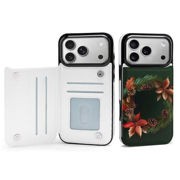 Wallet Case For Apple iPhone Air / 17 Pro / 17 Pro Max Series with Card Holder, PU Leather Kickstand Card Slots Screen Protector Included For iPhone 17 Series, Leaves, Pinecone And Poinsettia.
