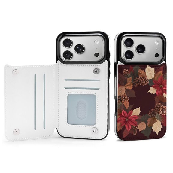 Wallet Case For Apple iPhone Air / 17 Pro / 17 Pro Max Series with Card Holder, PU Leather Kickstand Card Slots Screen Protector Included For iPhone 17 Series, Leaves, Pinecone And Poinsettia.