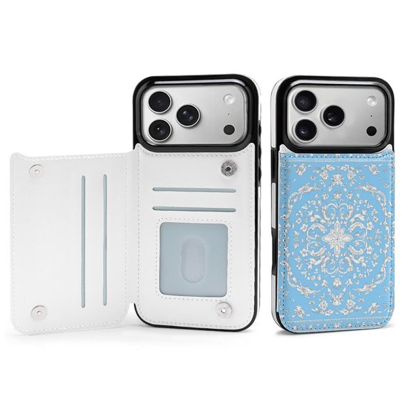 Wallet Case For Apple iPhone Air / 17 Pro / 17 Pro Max Series with Card Holder, PU Leather Kickstand Card Slots Screen Protector Included For iPhone 17 Series, Light Blue Bandana Print