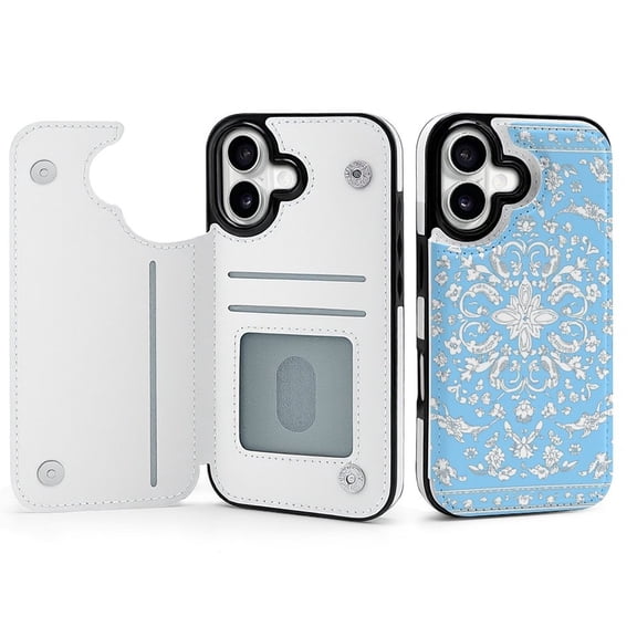 Wallet Case For Apple iPhone Air / 17 Pro / 17 Pro Max Series with Card Holder, PU Leather Kickstand Card Slots Screen Protector Included For iPhone 17 Series, Light Blue Bandana Print