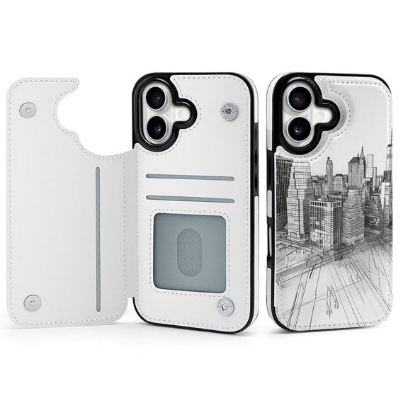 Wallet Case For Apple iPhone Air / 17 Pro / 17 Pro Max Series with Card Holder, PU Leather Kickstand Card Slots Screen Protector Included For iPhone 17 Series, Manhattan Hologram