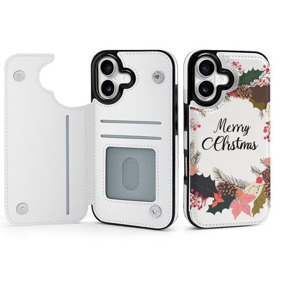 Wallet Case For Apple iPhone Air / 17 Pro / 17 Pro Max Series with Card Holder, PU Leather Kickstand Card Slots Screen Protector Included For iPhone 17 Series, Merry Christmas Lettering Wreath Leanfs