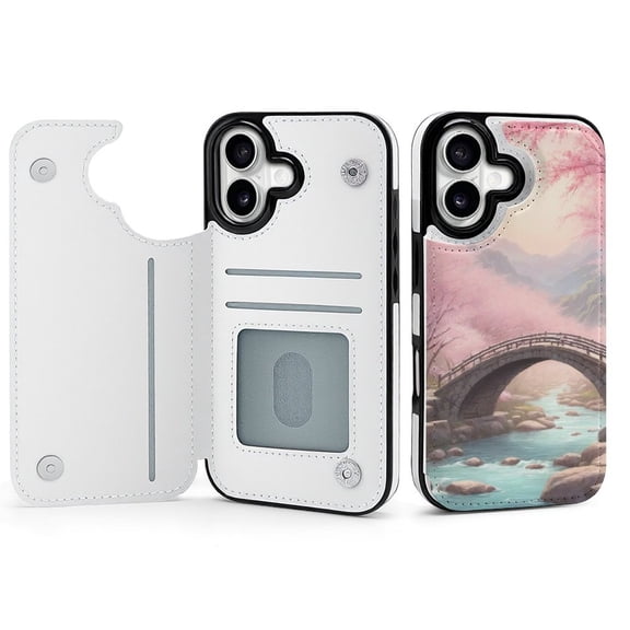 Wallet Case For Apple iPhone Air / 17 Pro / 17 Pro Max Series with Card Holder, PU Leather Kickstand Card Slots Screen Protector Included For iPhone 17 Series, Pink Blossom Bridge