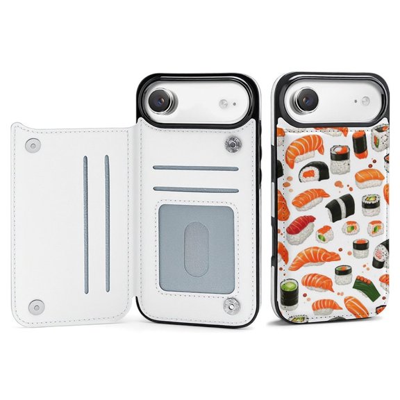 Wallet Case For Apple iPhone Air / 17 Pro / 17 Pro Max Series with Card Holder, PU Leather Kickstand Card Slots Screen Protector Included For iPhone 17 Series, Sushi & Boba Crop Pattern