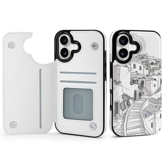 Wallet Case For Apple iPhone Air / 17 Pro / 17 Pro Max Series with Card Holder, PU Leather Kickstand Card Slots Screen Protector Included For iPhone 17 Series, Town Greek