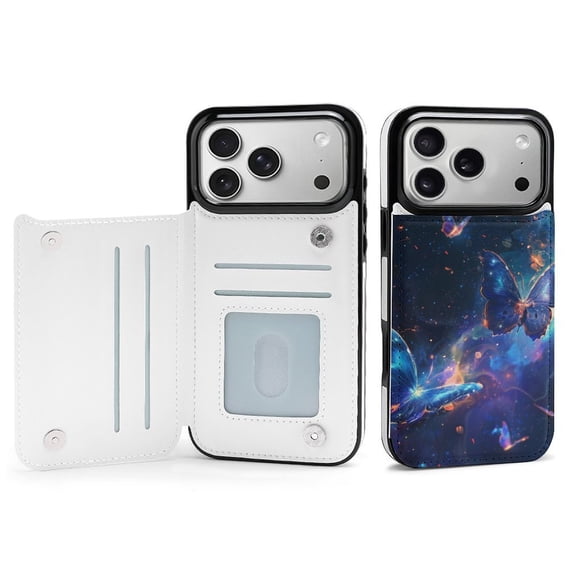 Wallet Case For Apple iPhone Air / 17 Pro / 17 Pro Max Series with Card Holder, PU Leather Kickstand Card Slots Screen Protector Included For iPhone 17 Series, Universe Butterfly Glowing