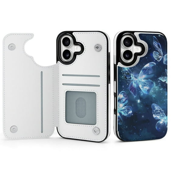 Wallet Case For Apple iPhone Air / 17 Pro / 17 Pro Max Series with Card Holder, PU Leather Kickstand Card Slots Screen Protector Included For iPhone 17 Series, Universe Butterfly Glowing