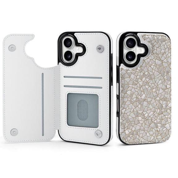 Wallet Case For Apple iPhone Air / 17 Pro / 17 Pro Max Series with Card Holder, PU Leather Kickstand Card Slots Screen Protector Included For iPhone 17 Series, White Tiles Crack