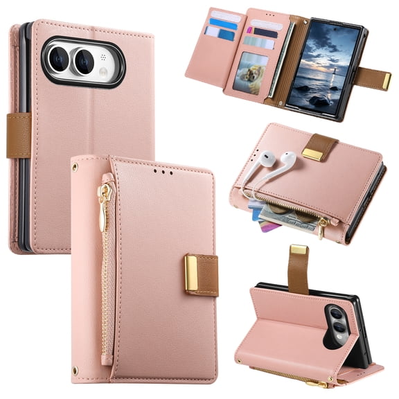 Wallet Case for Apple iPhone Duo, PU Leather Cards Slots Zipper Pocket Shock-Absorbent Magnetic Closure Protective Multi-Functional Phone Cover for Women Men, Rosegold