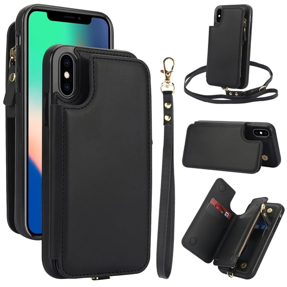 Wallet Case for Apple iPhone XS Max, with Crossbody Shoulder Strap & Hand Wrist Cards Holder Zipper Pocket Stand Feature Full Protective Shockpoof Phone Case for iPhone XS Max, Black