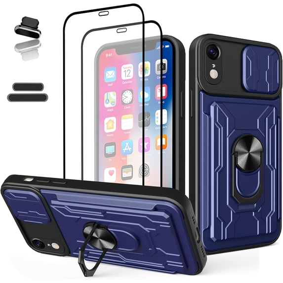 Wallet Case for Apple iPhone Xr/10R 6.1 Inch, Credit Card Driver's License Slot Sliding Door Hides Portable Design, Double Layer Hybrid Military Grade Rugged Shock Resistant Drop Case (Blue)