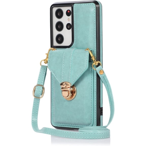 Wallet Case Apply to Galaxy Note 20 Ultra,Luxury PU Leather Card Package with Metal Buckle Long Shoulder Strap Stand Function Hard PC Bumper Shockproof Protector (Galaxy Note 20 Ultra, Blue)