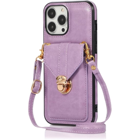 Wallet Case Apply to iPhone 13,Luxury PU Leather Card Package with Metal Buckle Long Shoulder Strap Stand Function Hard PC Bumper Shockproof Protector (iPhone 13, Purple)