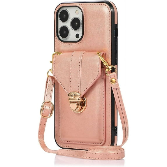Wallet Case Apply to iPhone 13 Pro,Luxury PU Leather Card Package with Metal Buckle Long Shoulder Strap Stand Function Hard PC Bumper Shockproof Protector (iPhone 13 Pro, Rose Gold)