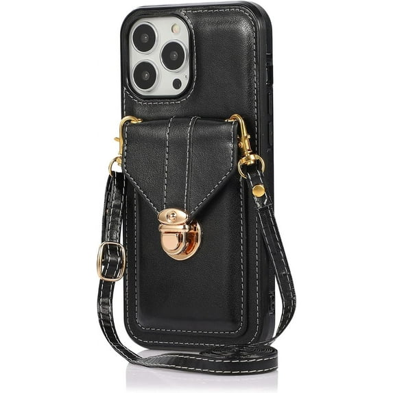 Wallet Case Apply to iPhone 7/8/SE2,Luxury PU Leather Card Package with Metal Buckle Long Shoulder Strap Stand Function Hard PC Bumper Shockproof Protector (iPhone 7/8/SE2, Black)