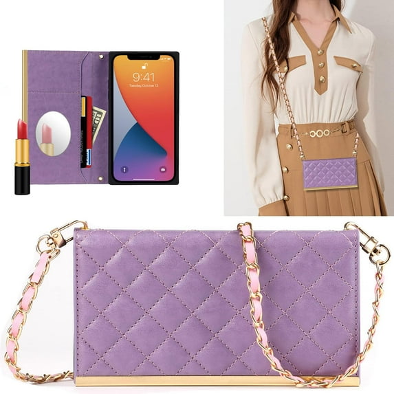 Wallet Case Apply to iPhone,Luxury Fashion Flip Purse Leather Bag with Card Slots Crossbody Chain Shoulder Strap with Mirror Bracket Shockproof Protector (Purple, iPhone 14)