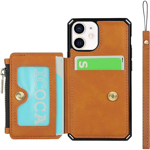 Wallet Case with Card Holder for iPhone 12 Mini,RFID Blocking Luxury PU Leather Kickstand Card Slots,Magnetic Clasp and Wrist Strap Zipper Pocket Flip Case for iPhone 12 Mini 5.4",Khaki