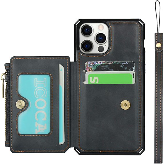 Wallet Case with Card Holder for iPhone 12 Pro Max,RFID Blocking Luxury PU Leather Kickstand Card Slots,Magnetic Clasp and Wrist Strap Zipper Pocket Flip Case for iPhone 12 Pro Max 6.7",Black