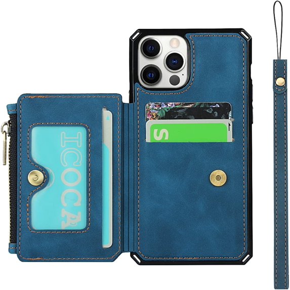 Wallet Case with Card Holder for iPhone 12 Pro Max,RFID Blocking Luxury PU Leather Kickstand Card Slots,Magnetic Clasp and Wrist Strap Zipper Pocket Flip Case for iPhone 12 Pro Max 6.7",Blue