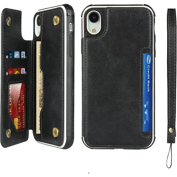 Wallet Case with Card Holder for iPhone Xs Max,Premium PU Leather Flip Case with Snap Button,Protective Bumper Phone Cover[Shockproof] Back Flip Cover with Lanyard Card Pocket-Black