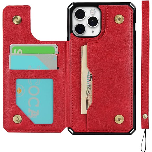 Wallet Case with Card Holder for iPhone11 6.1,Premium PU Leather Flip Case with Snap Button,Protective Bumper Phone Cover[Shockproof] Back Flip Cover with Lanyard Card Pocket-Red