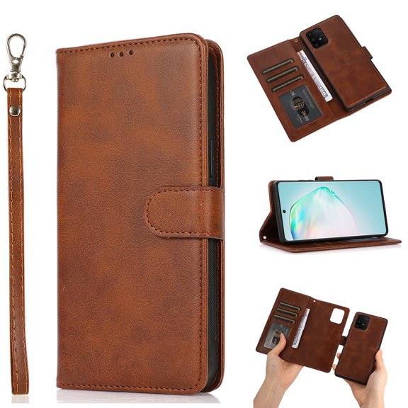 Wallet Case Compatible with Galaxy A42 5G, Allytech Slim Detachable Magnetic Closure Flip Pouch Kickstand Wrist Strap Card Holder Protective Case for Samsung Galaxy A42 5G 6.6" SM-A426, Brown