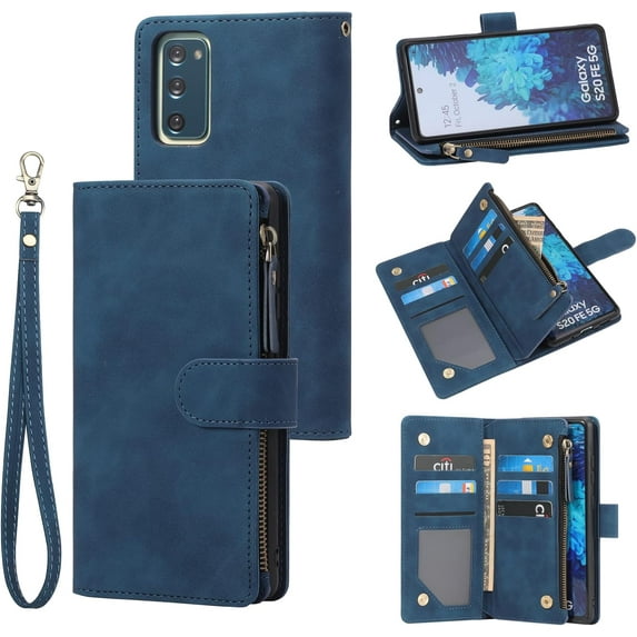 Wallet Case Compatible with Galaxy S20 FE 4G/ 5G (6.5 inches), Premium PU Leather Zipper Flip Folio RFID Blocking Wallet with Wrist Strap Magnetic Closure Protective Phone Case, Blue