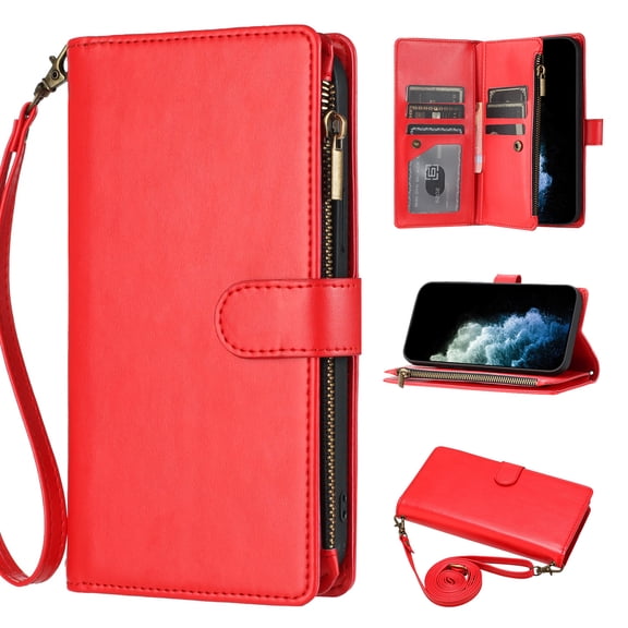 Wallet Case Compatible with Google Pixel 10 /10 Pro, Premium PU Leather Zipper Flip Wallet with Lanyard and Shoulder Strap Magnetic Closure Built-in Kickstand Protective Zipper Case - Red