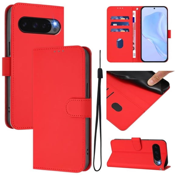 Wallet Case Compatible for Google Pixel 10 Pro, PU Leather Magnetic Closure Protective Flip Folio Case with 3 Card Holder and Wrist Strap Cover Women Men,Red,For Google Pixel 10 Pro