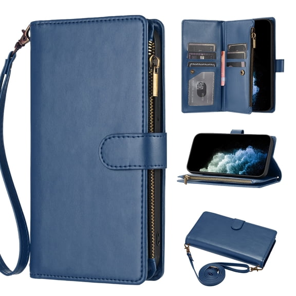 Wallet Case Compatible with Google Pixel 10 Pro XL, Premium PU Leather Zipper Flip Wallet with Lanyard and Shoulder Strap Magnetic Closure Built-in Kickstand Protective Zipper Case - Blue