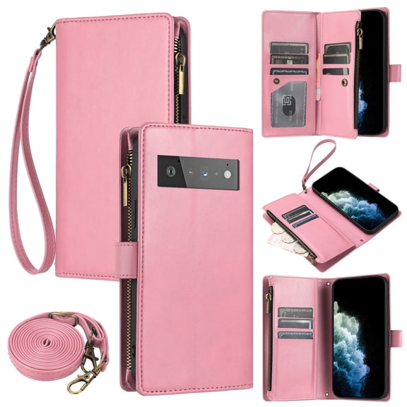 Wallet Case Compatible with Google Pixel 6 Pro, Premium PU Leather Zipper Flip Wallet with Lanyard and Shoulder Strap Magnetic Closure Built-in Kickstand Protective Zipper Case - Pink