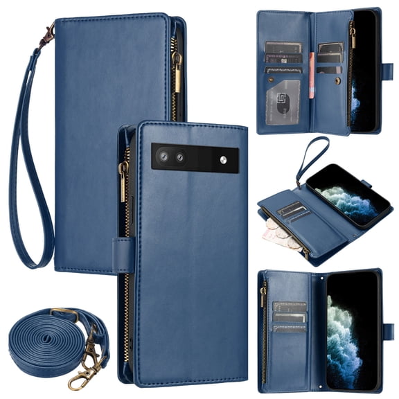 Wallet Case Compatible with Google Pixel 6a, Premium PU Leather Zipper Flip Wallet with Lanyard and Shoulder Strap Magnetic Closure Built-in Kickstand Protective Zipper Case - Blue