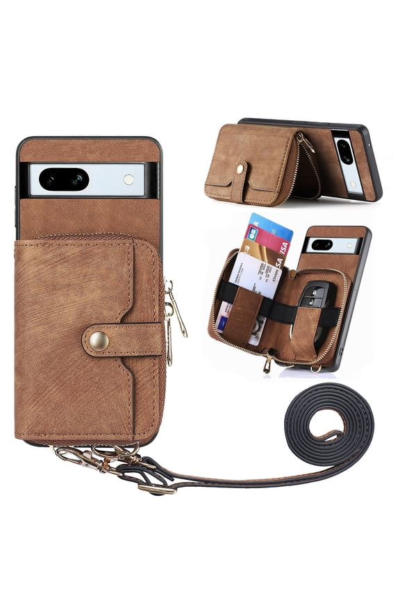 Wallet Case Compatible with Google Pixel 7, Classic PU Leather Zipper Pocket Car Key / Cash / Coin / Card Slots Shoulder Strap Kickstand Back Case for Google Pixel 7, Brown