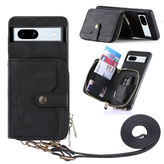 Wallet Case Compatible with Google Pixel 7, Classic PU Leather Zipper Pocket Car Key / Cash / Coin / Card Slots Shoulder Strap Kickstand Back Case for Google Pixel 7, Black