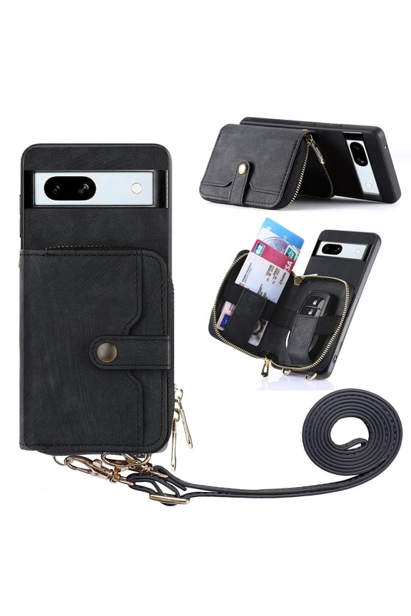 Wallet Case Compatible with Google Pixel 7, Classic PU Leather Zipper Pocket Car Key / Cash / Coin / Card Slots Shoulder Strap Kickstand Back Case for Google Pixel 7, Black
