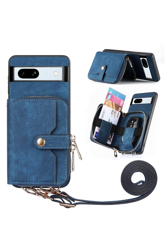 Wallet Case Compatible with Google Pixel 7, Classic PU Leather Zipper Pocket Car Key / Cash / Coin / Card Slots Shoulder Strap Kickstand Back Case for Google Pixel 7, Blue