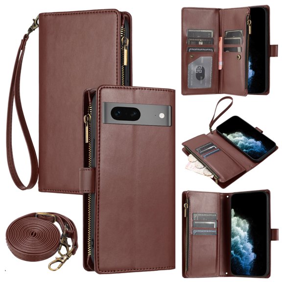 Wallet Case Compatible with Google Pixel 7, Premium PU Leather Zipper Flip Wallet with Lanyard and Shoulder Strap Magnetic Closure Built-in Kickstand Protective Zipper Case - Brown
