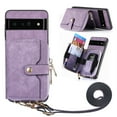 thumbnail image 1 of Wallet Case Compatible with Google Pixel 7 Pro, Classic PU Leather Zipper Pocket Car Key / Cash / Coin / Card Slots Shoulder Strap Kickstand Back Case for Google Pixel 7 Pro, Purple, 1 of 10