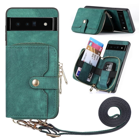 Wallet Case Compatible with Google Pixel 7 Pro, Classic PU Leather Zipper Pocket Car Key / Cash / Coin / Card Slots Shoulder Strap Kickstand Back Case for Google Pixel 7 Pro, Green