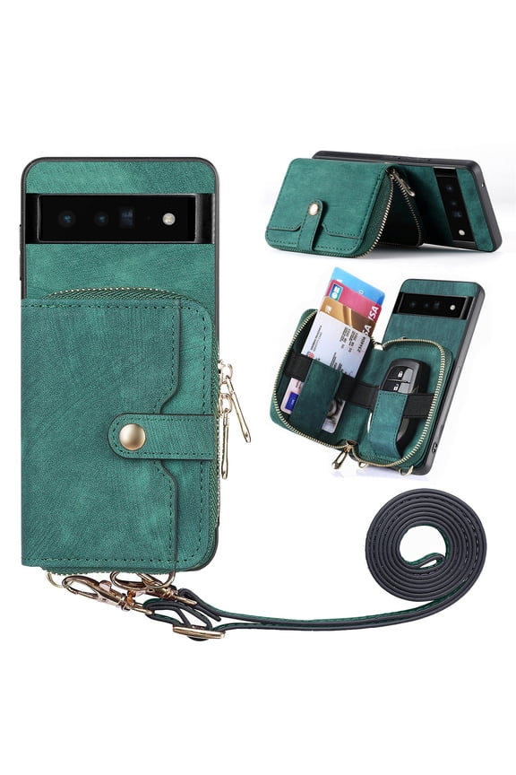 Wallet Case Compatible with Google Pixel 7 Pro, Classic PU Leather Zipper Pocket Car Key / Cash / Coin / Card Slots Shoulder Strap Kickstand Back Case for Google Pixel 7 Pro, Green