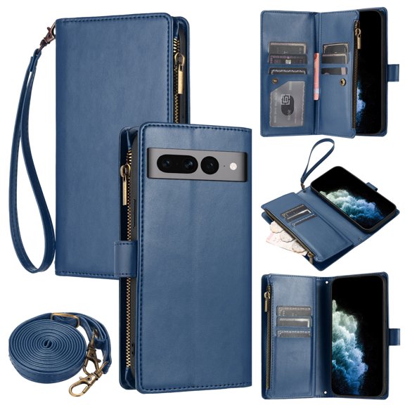 Wallet Case Compatible with Google Pixel 7 Pro, Premium PU Leather Zipper Flip Wallet with Lanyard and Shoulder Strap Magnetic Closure Built-in Kickstand Protective Zipper Case - Blue