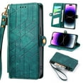 thumbnail image 1 of Wallet Case Compatible with Google Pixel 7a, Detachable Wrist Strap PU Leather Card Slots Zipper Pocket Classic Kickstand Embossed Flip Case Cover for Google Pixel 7a, Green, 1 of 9
