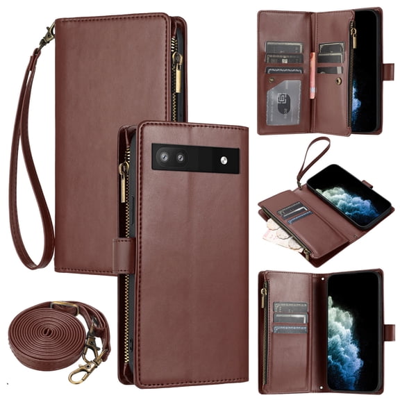 Wallet Case Compatible with Google Pixel 7a, Premium PU Leather Zipper Flip Wallet with Lanyard and Shoulder Strap Magnetic Closure Built-in Kickstand Protective Zipper Case - Brown