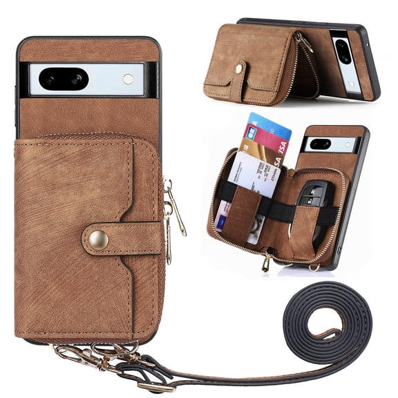 Wallet Case Compatible with Google Pixel 8, Classic PU Leather Zipper Pocket Car Key / Cash / Coin / Card Slots Shoulder Strap Kickstand Back Case for Google Pixel 8, Brown
