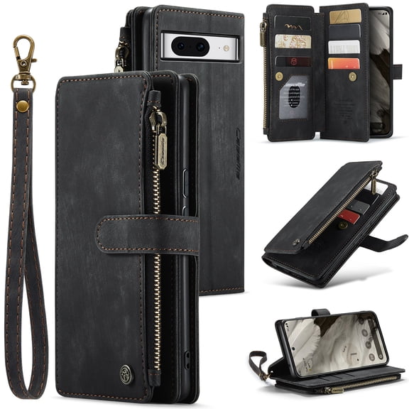 Wallet Case Compatible with Google Pixel 8A, Multifunctional Magnetic Closure Folio Case, [RFID Blocking] Durable PU Leather Flip Lanyard Strap Wristlet Zipper Card Holder Phone Case, Black